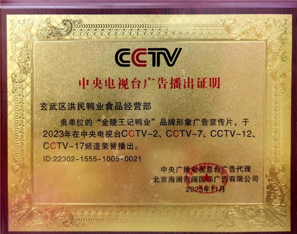 恭喜金陵王记鸭业荣获央视CCTV品牌展播“做良心产品，创国民品牌”