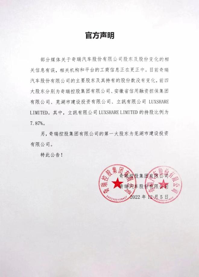 奇瑞回应：信息有误 主要股东及其持股份数未变化