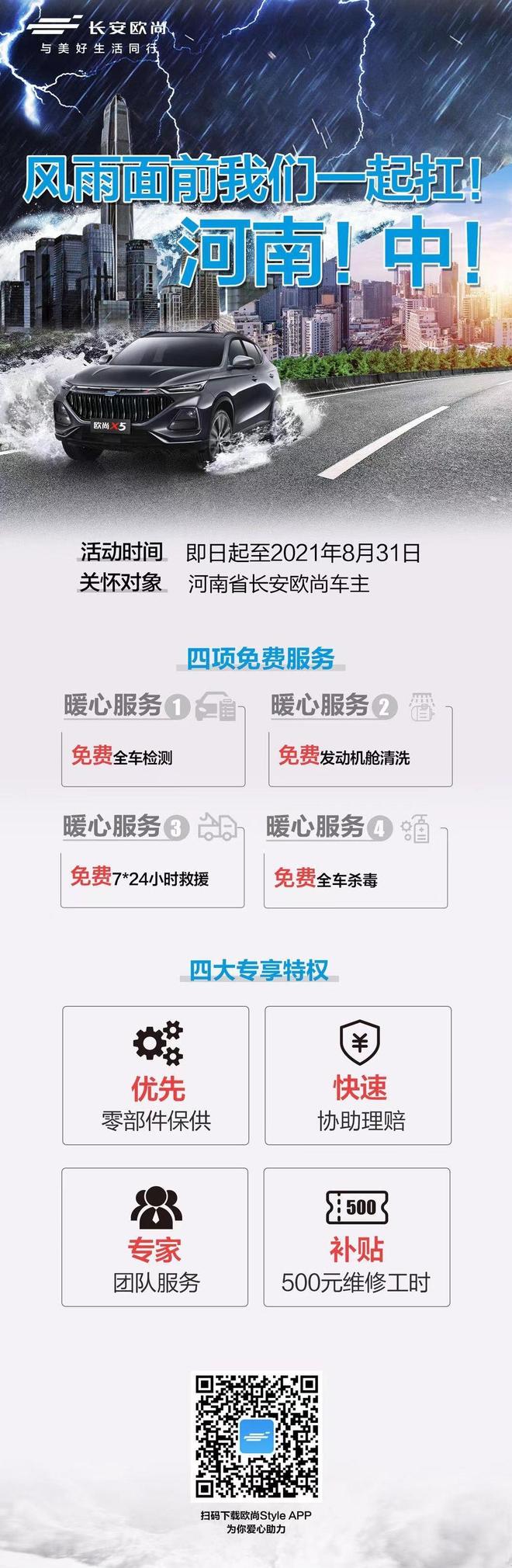 四免四特权长安欧尚灾区用户推送关爱计划